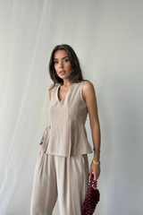 V YAKA KOLSUZ BLUZ - PANTOLON TAKIM MODAL KUMAŞ - Siyah