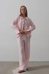 Çzgili Bağlamalı Pantolon Takım - Mavi