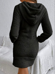 Kadın Uzun Kollu Kapşonlu Cepli Mini Peluş Elbise