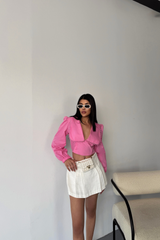 CROP POPLİN GÖMLEK YAKA KENAR DANTEL DETAYLI - Beyaz