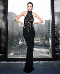 Kitap Okuyalım Mı Kitap Getir Kadın Halter Yaka Fantel Transparan Ve Sırt Dekoltesi Detay Maxi Boy Elbise