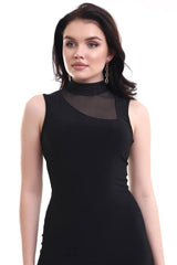 Kadın Yarım Balıkçı Yaka Tül Detaylı Sandy Kumaş Fırsat Ürün Diz Üstü Elbise