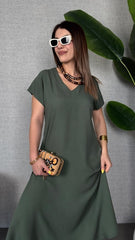 Kadın Kısa Kollu V Yaka Salaş Maxi Boy Elbise
