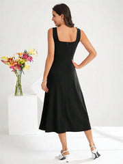 Kadın Askılı Kare Yakalı Midi Ithal Krep Elbise