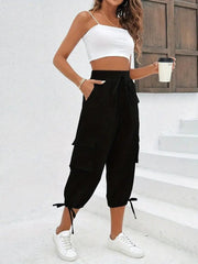 Kadın Yüksek Bel Beli Lastikli Bağcıklı Cepli Kargo Viskon Iki Iplik Pantolon