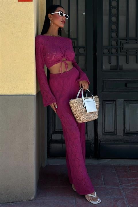 Göğüs Bağcık Detaylı Ajurlu Bluz Pantolon Takım 10098