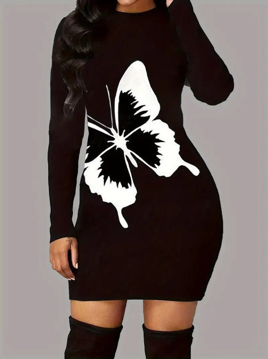 Kadın Uzun Kollu Bisiklet Yaka Kelebek Desenli Kısa Viskon Iki Iplik Elbise