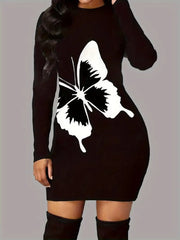 Kadın Uzun Kollu Bisiklet Yaka Kelebek Desenli Kısa Viskon Iki Iplik Elbise