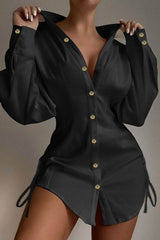 Kadın Uzun Kollu Gömlek Yaka önden Düğmeli Yanlardan Büzgülü Kısa Aerobin Elbise