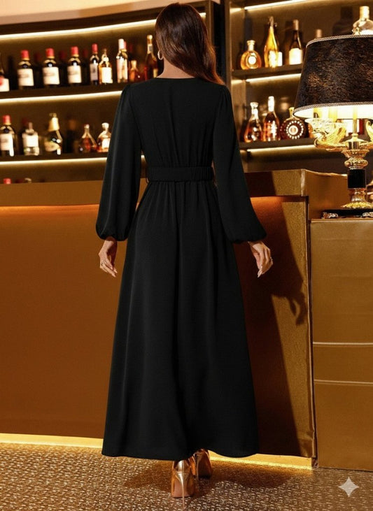 Kadın Uzun Kollu Kruvaze Yaka Beli Kemerli Yırtmaçlı Uzun Ithal Krep Elbise