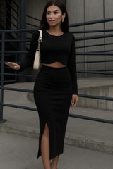 Kadın Uzun Kollu Bisiklet Yaka Kısa Krop Dalgıç Bluz Ile önden Yırtmaçlı Uzun Etek Ikili Takım