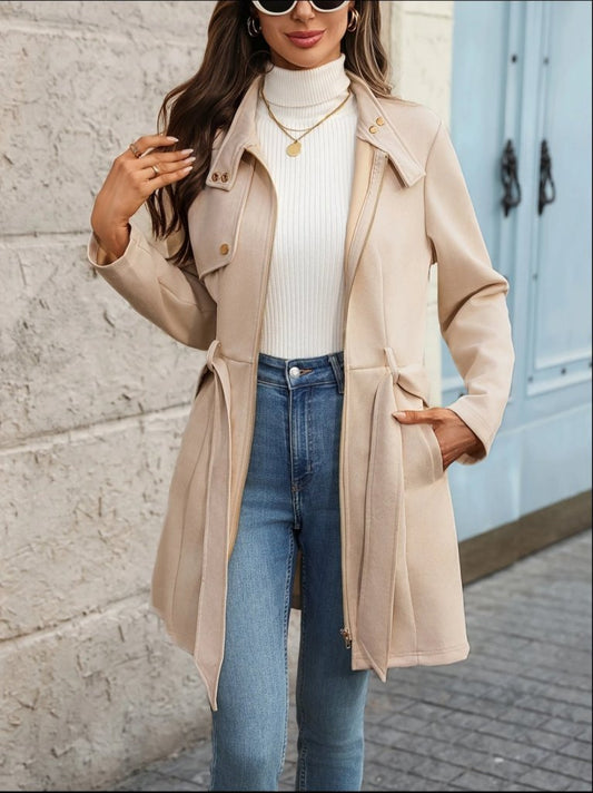 Kadın Uzun Kollu Boyundan Düğmeli Fermuarlı Beli Kuşaklı Süet Ceket