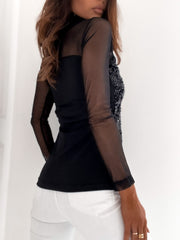 Kadın Siyah Uzun Kollu Kolları Ve Dekolte Tül Ve Payet Detay Balıkçı Yaka Bluz