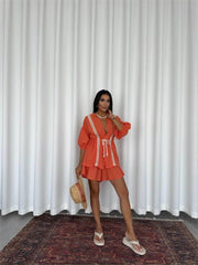 KETEN BEL BÜZGÜLÜ BLUZ-PANTOLON TAKIM - Orange