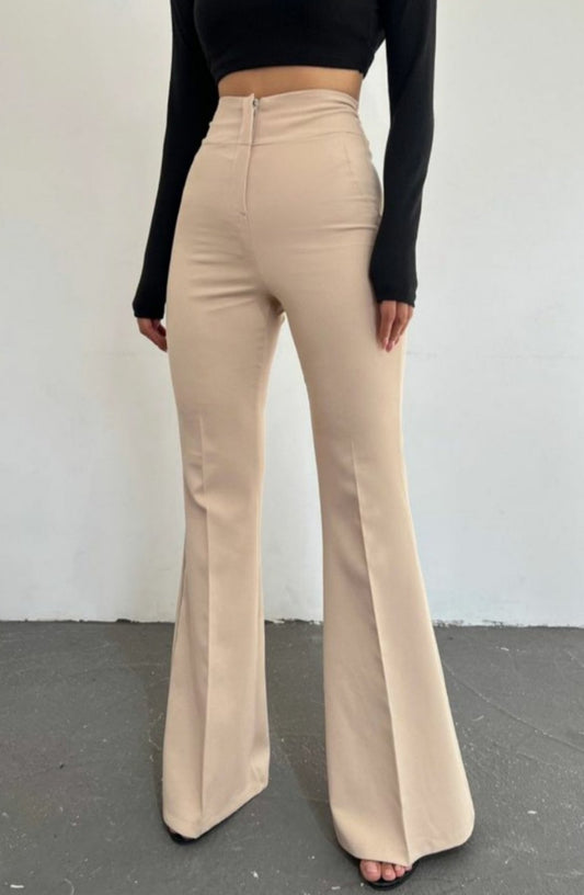 Kadın Yüksek Bel Ispanyol Paça Atlas Kumaş Pantolon