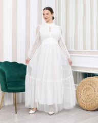 Kadın Damla Yaka Sırt Dekolteli Astarlı Tül Elbise