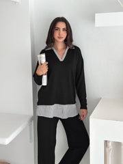 Polo Yaka Gömlek Detay Salaş Balon Pantolunlu ıkılı Takım