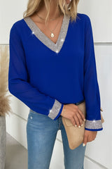 Kadın Uzun Kollu V Pulpayet Yakalı Ithal Krep Bluz