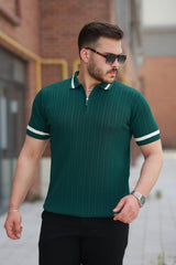 Erkek Yaka Ve Kolları çizgi Detaylı Fermuarlı Kısa Kollu T-shirt