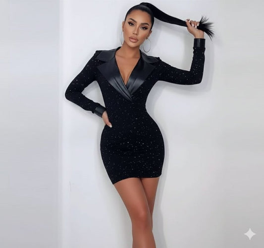 Kadın Deri Detaylı Manşet Yaka Simli Fukara Kumaş Mini Elbise