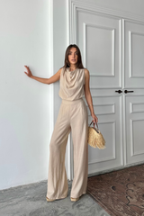 DEGAJE YAKA KOLSUZ BLUZ - PANTOLON TAKIM - Bej