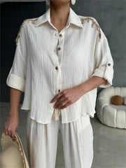 OMUZ SAÇAK DENİZ KABUĞU GÖMLEK - PANTOLON TAKIM - Bej