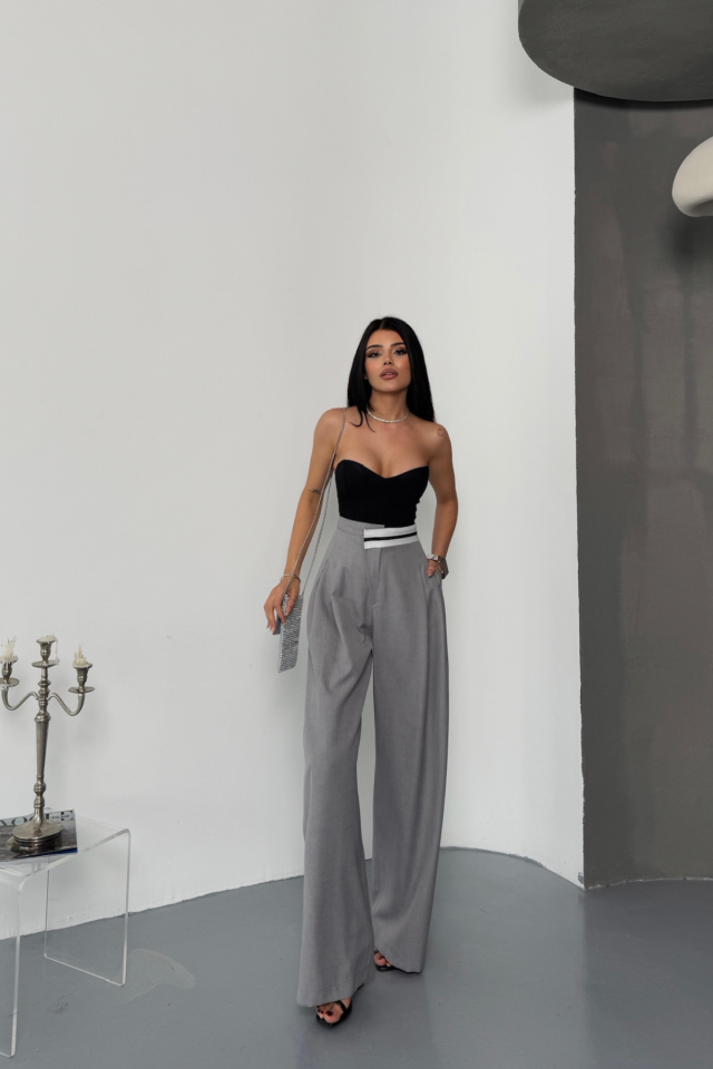 PANTOLON BEL ŞERİT DETAYLI - Gri