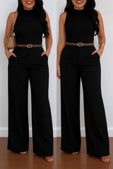 Kadın Yüksek Bel Geniş Paça Detaylı Cepli Ithal Krep Pantolon