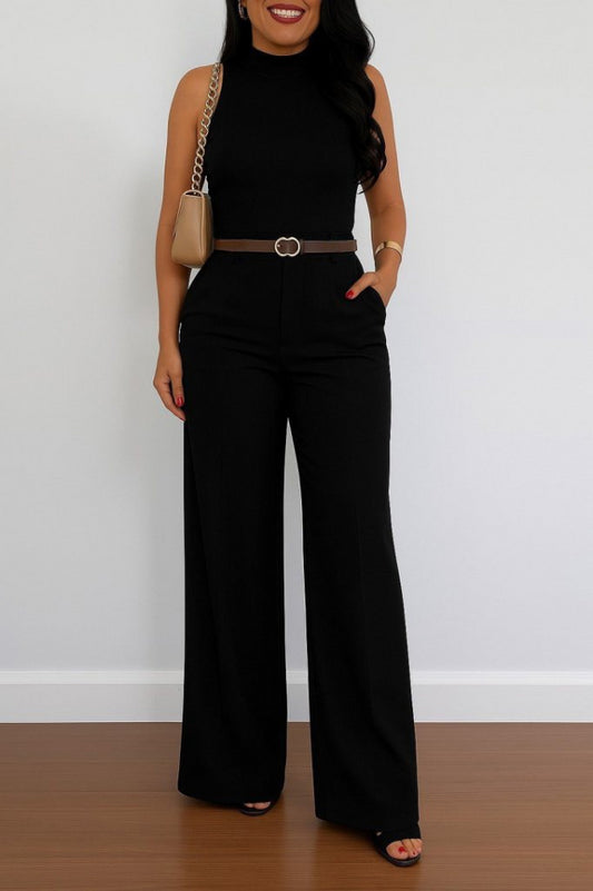 Kadın Yüksek Bel Geniş Paça Detaylı Cepli Ithal Krep Pantolon