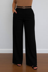 Kadın Yüksek Bel Geniş Paça Detaylı Cepli Ithal Krep Pantolon