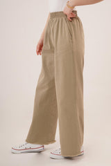Bel Lastikli Paça Detaylı Cepli Krem Pantolon
