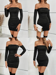 Kadın Uzun Kollu Omuzlardan Açık Takma Kollu Büzgülü Sandy Kısa Elbise