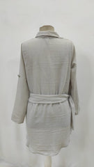 Kadın Uzun Kollu Yakalı önden Düğmeli Beli Kuşaklı Mini Ithal Keten Elbise