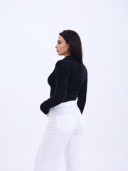 42531 TRİKO SİMLİ YAKALI CROP-ANTRASİT