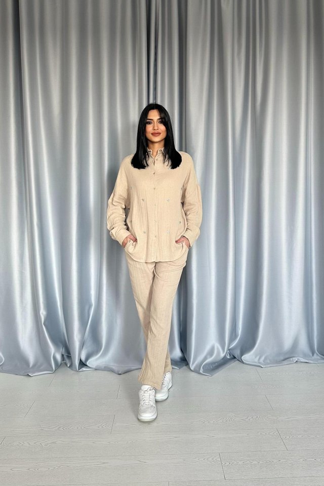 Mor 3 Taş Motifli Gömlek Ve Pantolon Takım