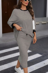 Kadın Uzun Kollu Yakası Açık şardonlu Kaşkorse Bluz Ve Eteği Bağcıklı Ikili Takım