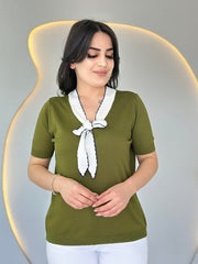 Kadın Kısa Kollu V Yaka Fular Detay Merserize Triko Bbluz