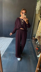 Kadın Uzun Kollu Tek Omuzdan Açık Viskon Iki Iplik Bluz Ve Pantolon Ikili Takım