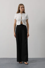 Pileli Bağcıklı Oversize Pantolon - Siyah