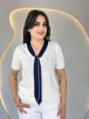 Kadın Kısa Kollu V Yaka Fular Detay Merserize Triko Bbluz