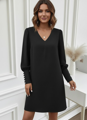 Kadın Uzun Kollu V Yakalı Kısa Ithal Krep Elbise