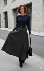 Kadın Yüksek Belli Maxi Deri Kemersiz Etek