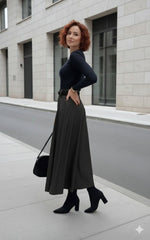 Kadın Yüksek Belli Maxi Deri Kemersiz Etek