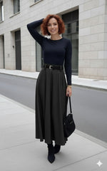 Kadın Yüksek Belli Maxi Deri Kemersiz Etek