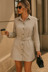 Kadın Uzun Kollu Yakalı önden Düğmeli Beli Kuşaklı Mini Ithal Keten Elbise