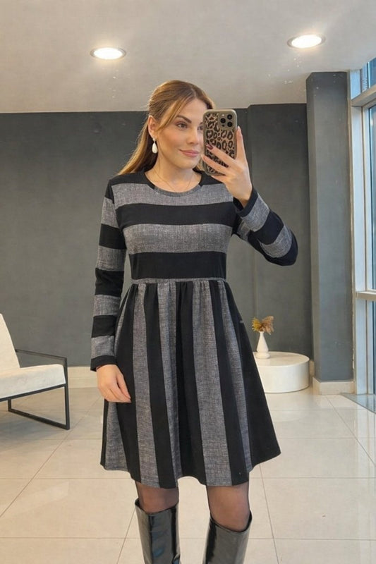 Kadın Uzun Kollu Bisiklet Yaka çizgili Desen Detaylı Süprem Mini Elbise