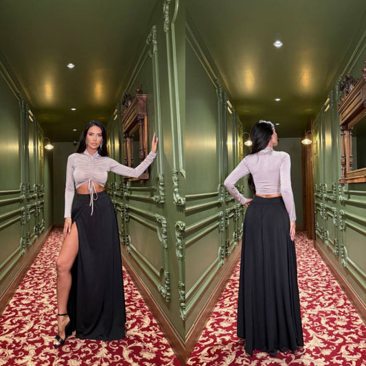 Kadın Asansör Büzgü Detay Krom Ve Derin Yırtmaçlı Maxi Boy Etek Ikili Takım