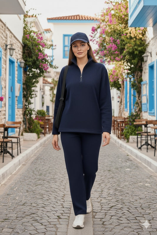 Kadın Balıkçı Yaka Fermuar Detay Polar Sweat Ve Pantolon Ikili Takım