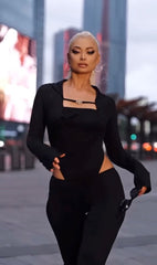 Kadın Uzun Kollu Kare Yaka Toka Ve Bel Dekoltesi Detaylı Tulum Tulum