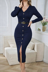 Kadın Uzun Kollu V Yakalı önden Düğmeli Yırtmaçlı Modal Midi Kemersiz Elbise